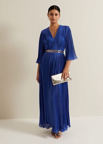 Phase Eight Venetia Pleat Beaded Dress Blue Australia | KO9785046